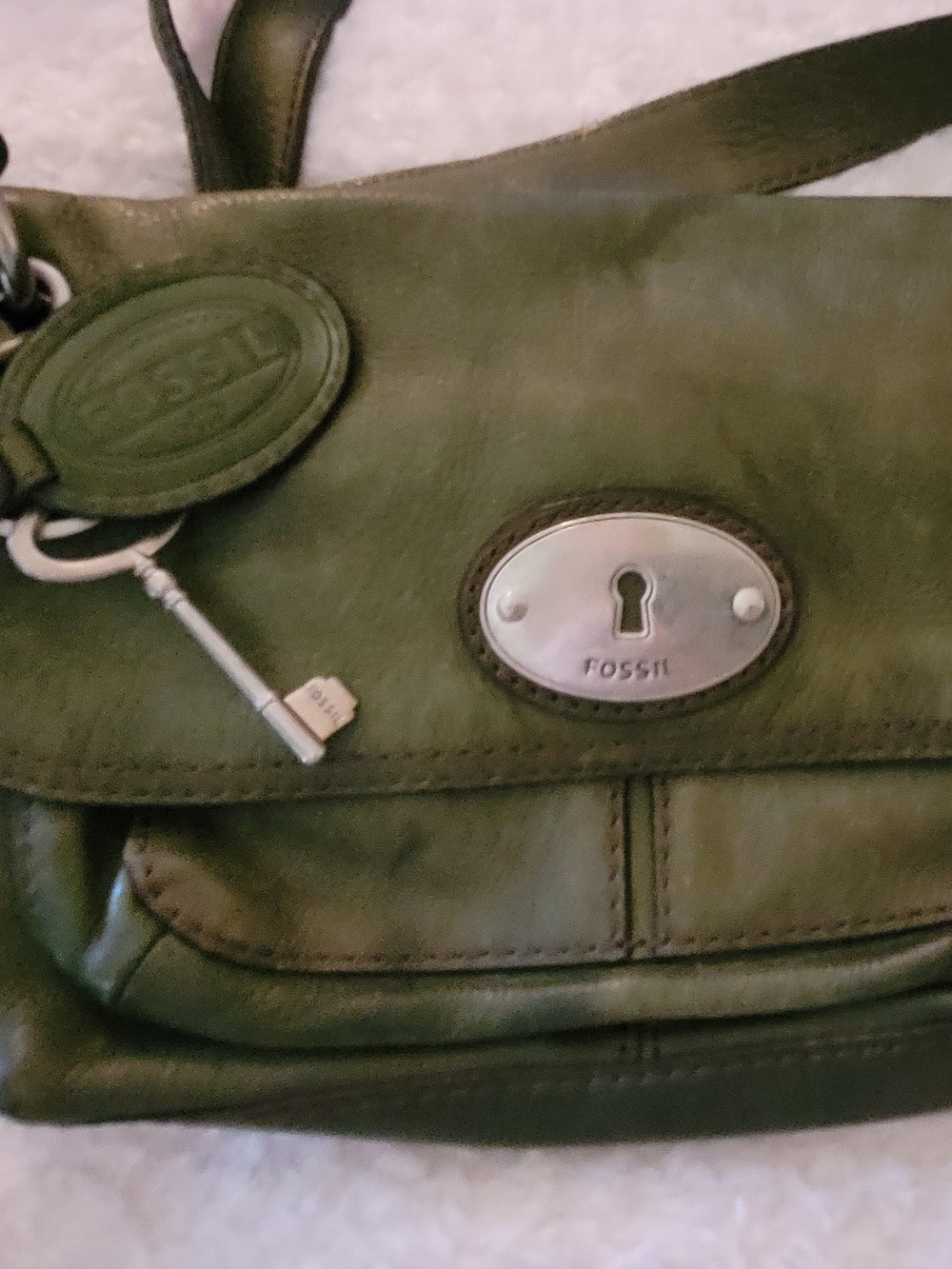 Fossil Olive Green Leather Shoulder Bag with Key Charm